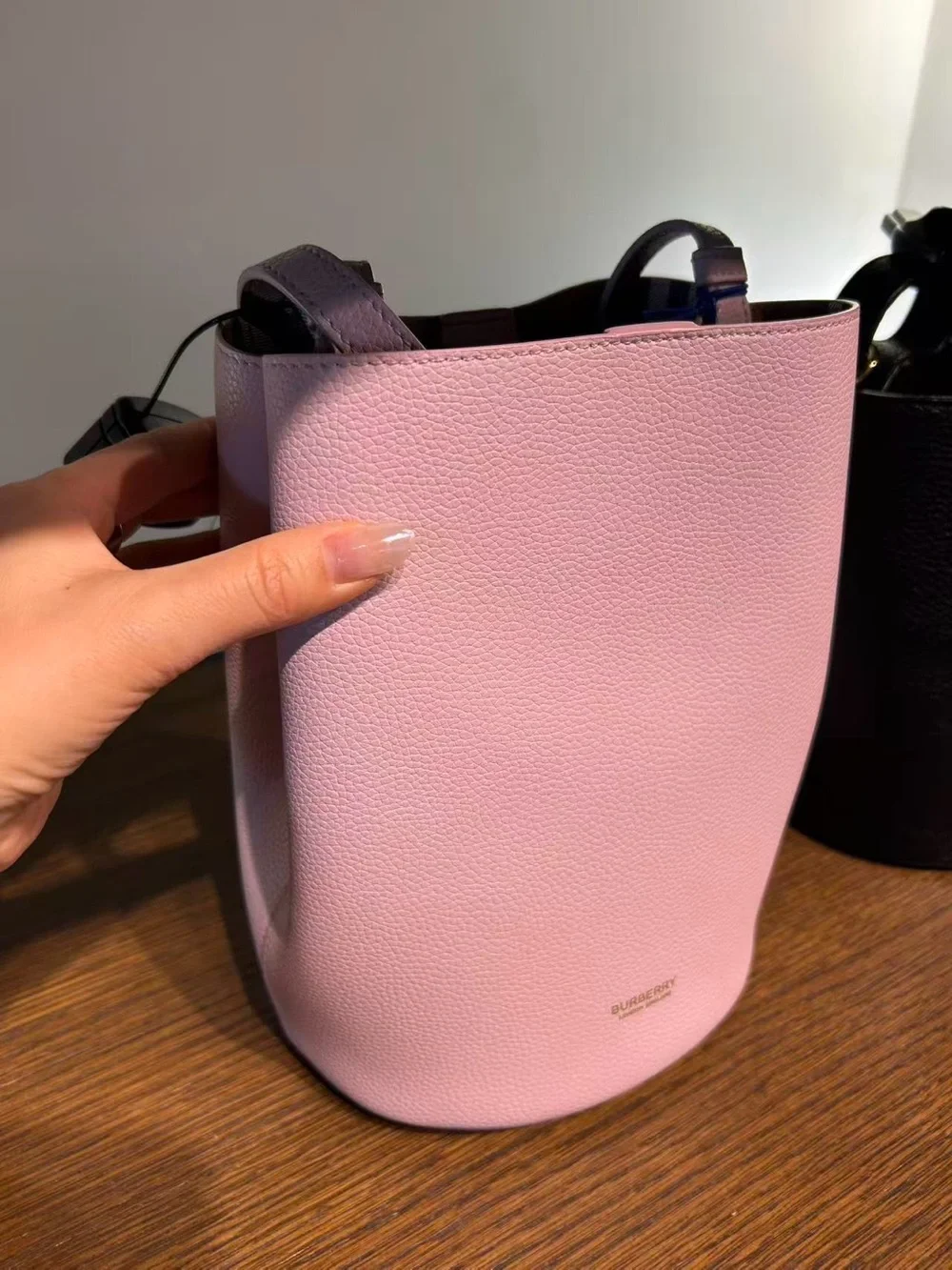 Burberry Pink Leather Bucket Bag with Signature Check Strap